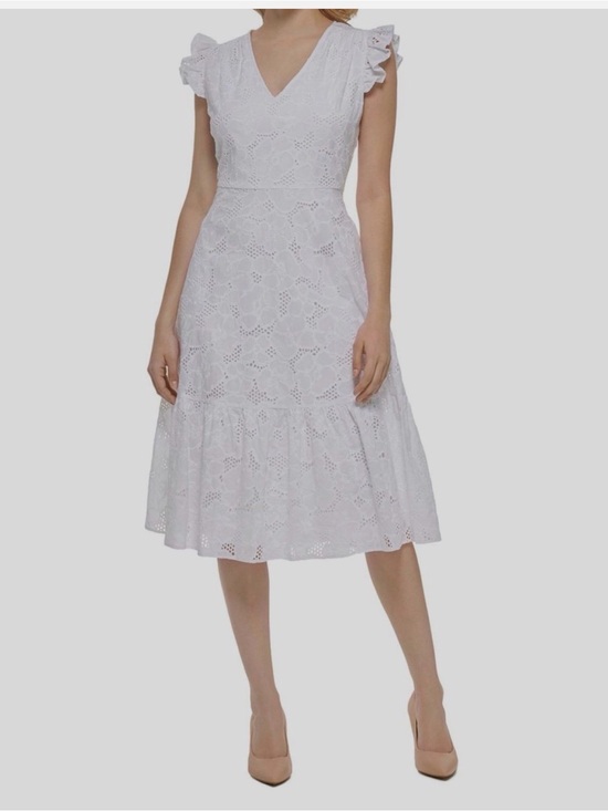 Karl Lagerfeld Dresses & Skirts - Karl Lagerfeld White Eyelet V-Neck Midi Dress with Ruffle Shoulders Size 8